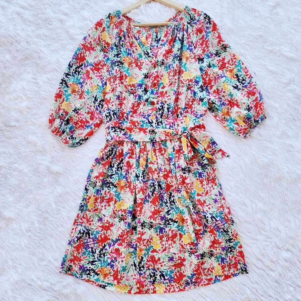 Eliza J Colorful Floral Print Smocked Balloon Sleeve‎ Mini Dress